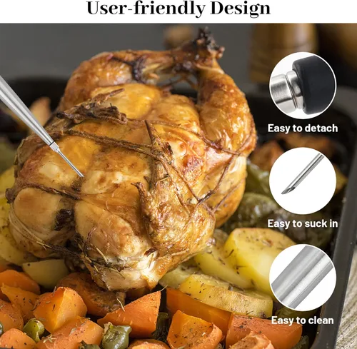 Miniatura 5 de Baster de Pavo para Cocinar, Inyector de Carne Grande de Acero Inoxidable, con Cepillo de Limpieza y 2 Agujas de Adobar, Negro