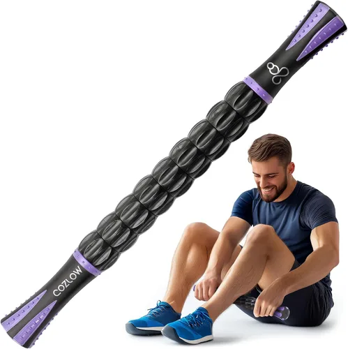 Muscle Roller Stick - Black Purple - Hand Held Body Massager with 9 Rollers & Non-Slip Handles - Deep Tissue Massage & Maximum Muscle Recovery -