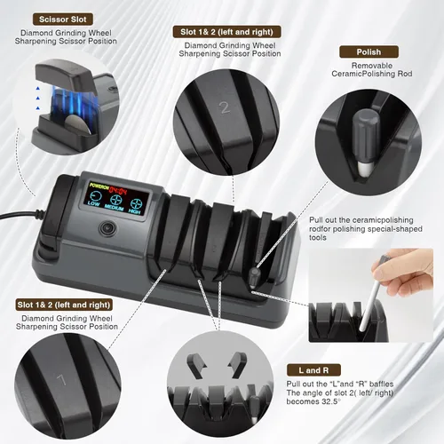 Miniatura 5 de Afilador de cuchillos eléctrico profesional de 3 etapas para cuchillos de cocina, pantalla LCD, 100% abrasivo de diamante, velocidad de rotación Gris