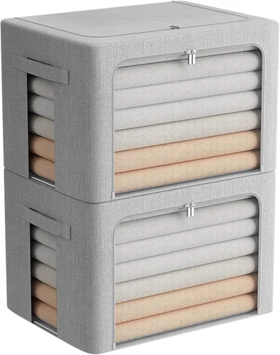 Miniatura 16 de FHSQX Paquete de 2 contenedores de almacenamiento de ropa apilables, caja de almacenamiento con marco de metal, organizador plegable de tela de lino