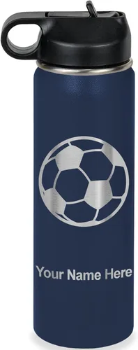 Miniatura 51 de LaserGram Botella de agua personalizada, pelota de fútbol, acero inoxidable de doble pared aislada al vacío con popote superior, regalo grabado