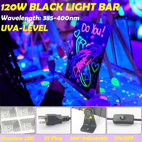 Miniatura 2 de Luz negra de 120 W, barra de luz negra LED con cable de 10 pies, brilla en la oscuridad, para fiesta brillante, decoración de neón, pintura