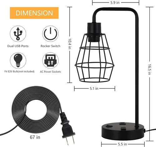 Miniatura 2 de BTY Juego de 2 lámparas de mesa USB Edison con puertos de carga USB duales y 2 clavijas de salida de CA, jaula de alambre de metal, lámpara de mesa