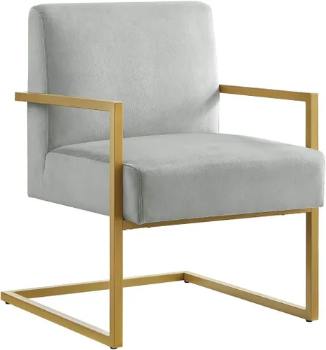 Miniatura 3 de 24KF Cómoda silla de acento de moda, cojín de terciopelo y soporte dorado de metal con brazo cuadrado, color negro