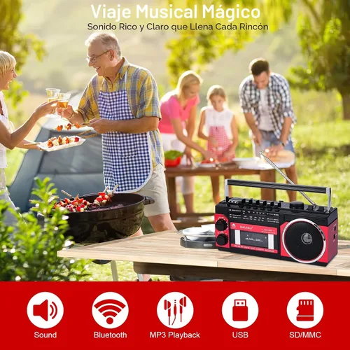 Miniatura 7 de Reproductor de casete portátil con radio AM/FM/SW y BT, Boombox para el hogar y viajes, grabación desde radio, reproducción a través de SD/USB