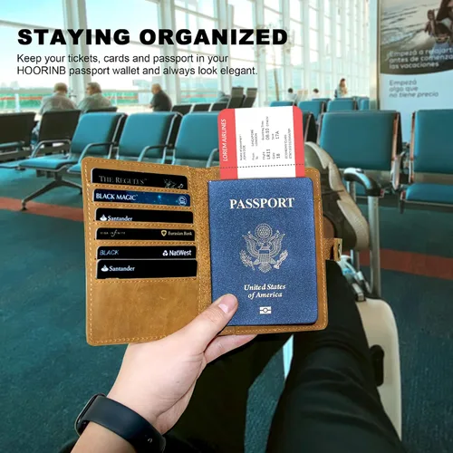 Miniatura 4 de Funda de cuero de grano completo para pasaporte para hombres y mujeres, cartera de pasaporte y tarjetero de vacuna, funda para pasaporte, cartera