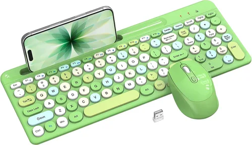 Colorido combo de teclado y mouse inalámbricos, teclas redondas, teclado retro de máquina de escribir de 2.4 GHz con teclado numérico, lindo teclado