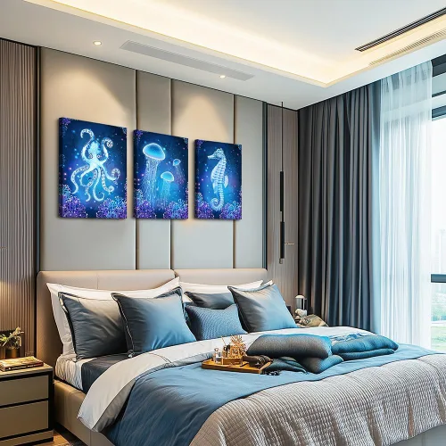 Miniatura 4 de Lienzo con temática de vida oceánica azul, pinturas artísticas de pared para sala de estar, obras de arte de pared, animales marinos, caballo