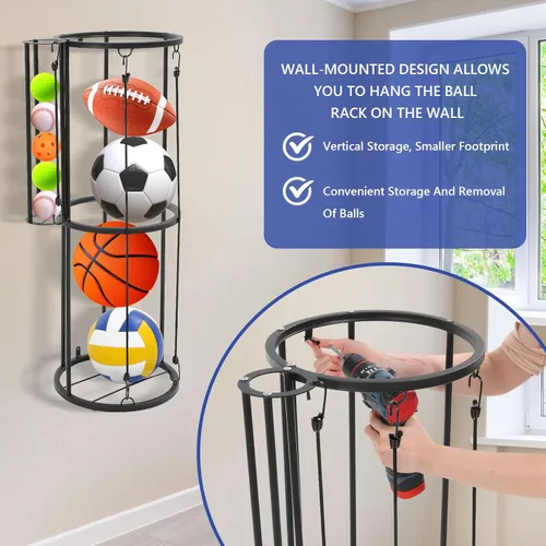 Miniatura 3 de Estante de almacenamiento para pelotas de garaje, soporte de pared para pelotas pequeñas, soporte vertical para baloncesto, fútbol, voleibol