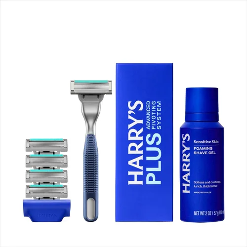 Harry's Kit de afeitado Plus para hombres, mango premium, 5 cartuchos de hoja de afeitar, gel de afeitado espumoso y cubierta de hoja de viaje, Tide
