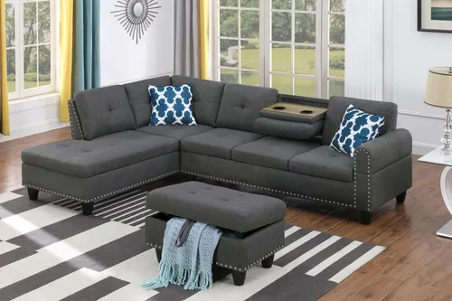 Miniatura 9 de EMKK Sofá modular de 3 piezas, juego de muebles de sala de estar, sofá esquinero tapizado de 5 plazas en forma de L, 1 diván gris oscuro