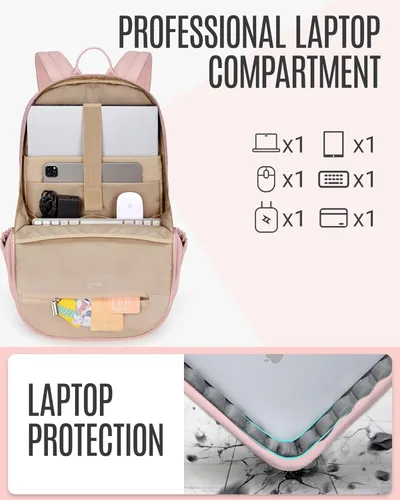 Miniatura 4 de LIGHT FLIGHT Mochilas de viaje para laptop para mujer, mochila para laptop de 17.3 pulgadas con orificio de carga USB, bolsa universitaria 2-Rosa