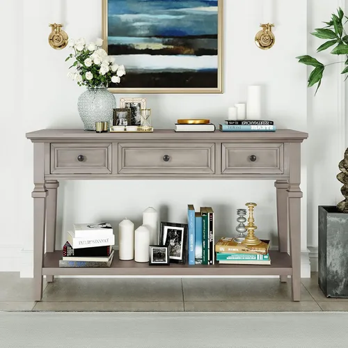 RuiSiSi Mesa consola de granja con 3 cajones y estante inferior, mesa de sofá de madera maciza para sala de estar, comedor, entrada, gris lavado