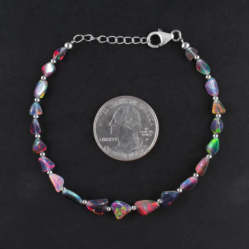 Miniatura 4 de Cuentas de piedra de ópalo de fuego etíope negro con pulsera de bola de plata para mujer, cristal curativo, joyería de piedra natal hecha a mano