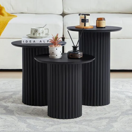 Miniatura 9 de Bifins Juego de 3 mesas redondas anidadas, mesa de café y mesa auxiliar de estilo Mid Century Modern con estrías, mesa lateral pequeña de madera