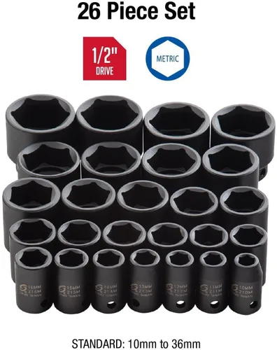 Miniatura 10 de Sunex 2645, juego de llaves de impacto de 1/2 pulgada, 26 piezas, métricas, 10 mm-36 mm, acero de aleación CR-MO, diseño de esquina radio, estuche