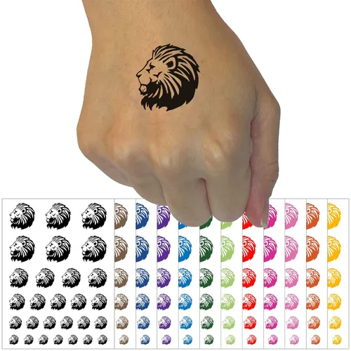 Regal Maned Lion Head Side Profile Tatuaje temporal resistente al agua, juego de arte corporal falso, color negro (una hoja)