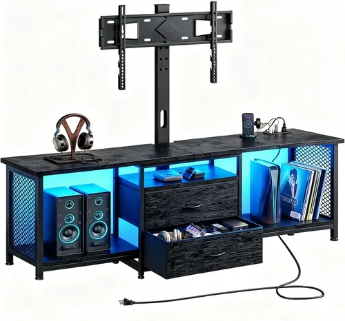 Soporte de TV con soporte giratorio y ajustable para TV de 50 a 65 pulgadas, color negro | Para inquilinos, jugadores, familias, con luces LED y