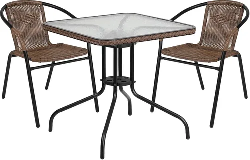Miniatura 11 de Flash Furniture Mesa cuadrada de metal de vidrio de 28 pulgadas con borde de ratán gris y 4 sillas apilables de ratán gris Transparente/Gris