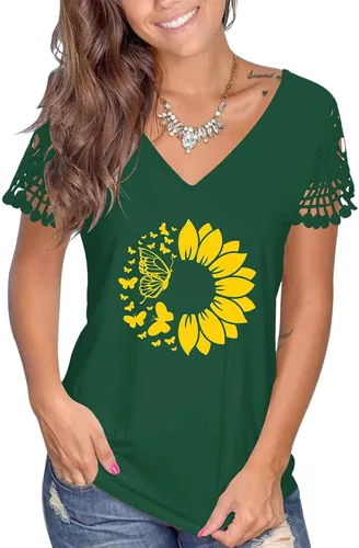 Miniatura 2 de Women V Neck Short Sleeve T Shirt Top Casual Slim Fit Summer Outer Wear Sunflower Print Women Tees & Blouses Daily Tunic Tops