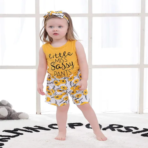 Miniatura 4 de PigMaMa Conjunto de ropa para bebé niña de 3 piezas, sin mangas, camiseta sin mangas, pantalón de flores, diadema
