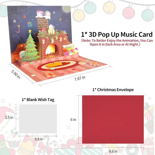 Miniatura 5 de MZD8391 Tarjetas de Navidad con proyecciones de Papá Noel animadas, tarjeta de felicitación de regalo de Navidad desplegable 3D con luces musicales