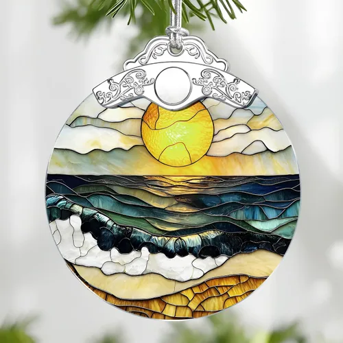 Miniatura 23 de Adorno de Vidrio Manchado de Puesta de Sol en la Playa, Adorno Navideño – Decoración de Árbol de Navidad, Decoración Festiva, Relleno de Calceti
