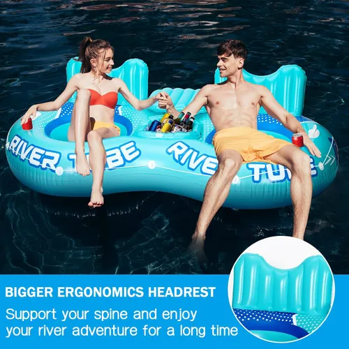 Miniatura 4 de Flotador inflable de tubo de río, flotador de piscina resistente para 2 personas con enfriador integrado, respaldo ergonómico y portavasos