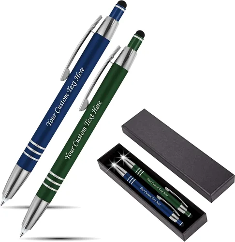 Juego de regalo personalizado, 2 bolígrafos de lujo de metal de goma + linterna LED de escritor nocturno + lápiz capacitivo + caja de regalo, nombre