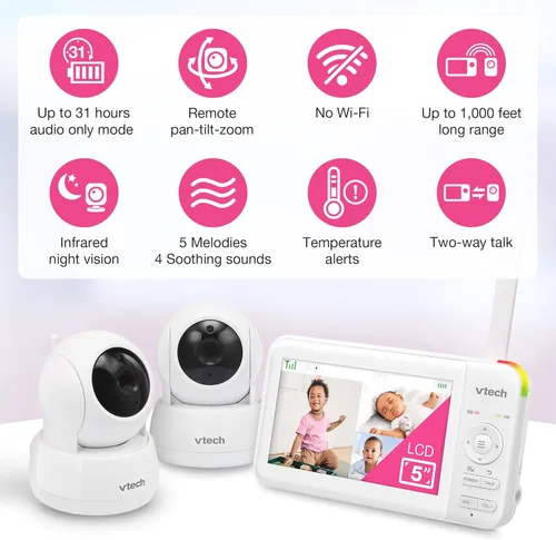 Miniatura 2 de VTech - Monitor de video para bebé con 2 cámaras y pantalla LCD de 5 pulgadas, hasta 17 horas de video y 31 horas de audio