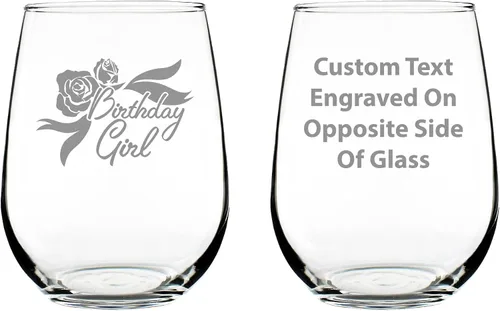 Custom Birthday Girl - Personalized Stemless Wine Glass Birthday Gifts for Women - Bday Party Decor - Large 17 Oz Glasses - Customized Wine Glass