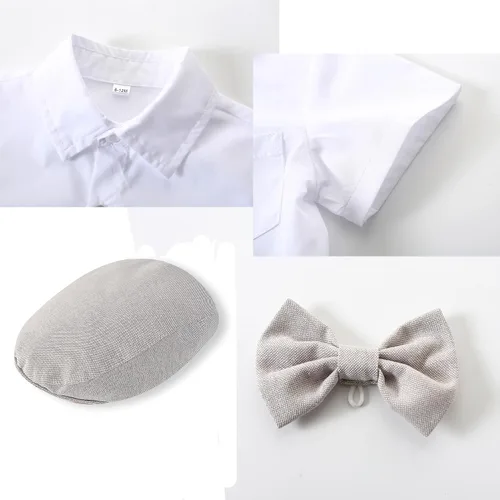 Miniatura 4 de Kimocat Conjunto de trajes de caballero para bebé, camisa corta de verano, corbatín + pantalones con babero, conjunto de ropa