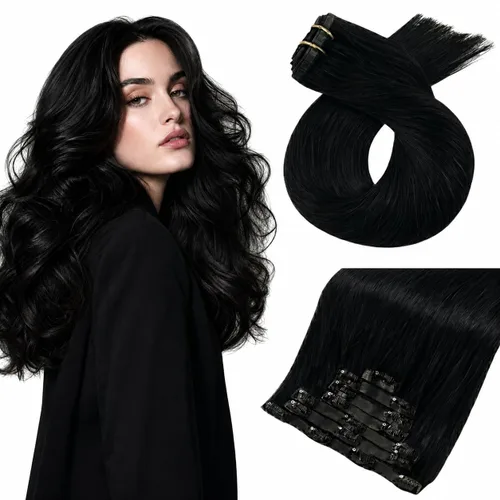 Miniatura 23 de Moresoo Genius - Extensiones de cabello humano real con clip, color negro azabache, invisibles, sin costuras, de trama de piel sintética