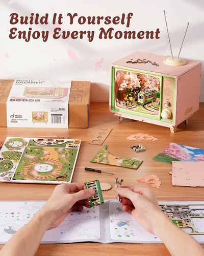 Miniatura 8 de ROBOTIME Rompecabezas de madera 3D para adultos, kits de casa en miniatura para bricolaje, caja de música para la familia, árbol de cerezo japonés