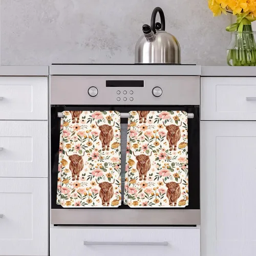 Miniatura 7 de AnyDesign Toalla de cocina de vaca de las tierras altas con diseño bohemio floral de las tierras altas, 18 x 28 pulgadas, paño de cocina de granja
