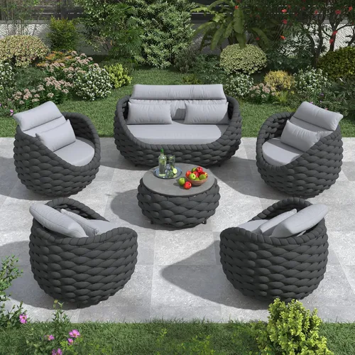 Miniatura 29 de Juego de muebles de patio de cuerda de 4 piezas: conjunto de sofás al aire libre de aluminio acolchado - sofá de conversación moderno ensamblado