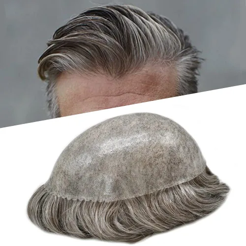 Miniatura 25 de Sistema de cabello humano tipo tupé para hombre, tupé gris, piezas de cabello completo de poliéster para hombres, tupé de inyección de poliuretano