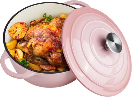 Miniatura 24 de Horno holandés de hierro fundido esmaltado de 6 cuartos de galón con tapa, asas dobles grandes, apto para horno hasta 500 °F, olla redonda clásica