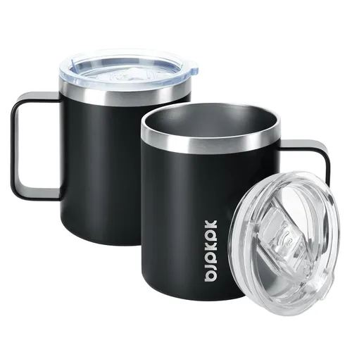BJPKPK 2 tazas de café aisladas, vaso aislado de 14 onzas con tapa, tazas de café de acero inoxidable con tapa a prueba de salpicaduras, color negro