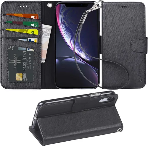 Arae - Funda tipo cartera para iPhone Xr 2018, piel sintética, función de soporte, con correa de muñeca y 4 ranuras para tarjetas de identificación