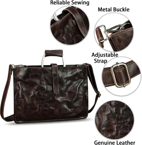 Miniatura 6 de Maletín delgado de cuero genuino para hombres y mujeres, bolso bandolera vintage para computadora portátil de negocios