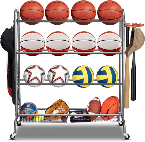 Miniatura 9 de EXTCCT Estante de baloncesto, soporte de entrenamiento de tiro de baloncesto, almacenamiento de equipo deportivo con ruedas, soporte organizador