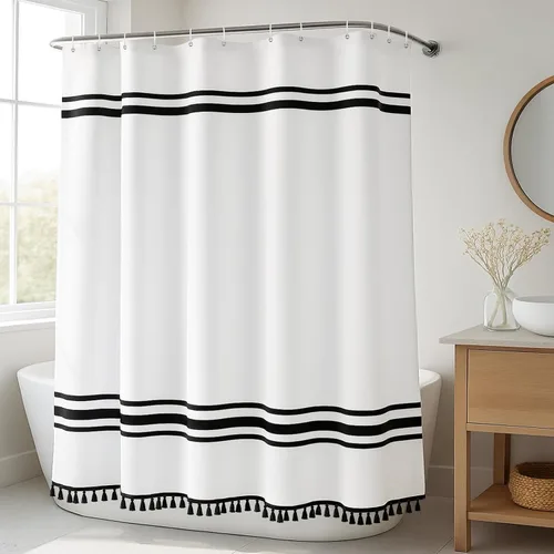 Miniatura 6 de Seasonwood Cortina de ducha en blanco y negro, cortina de ducha a rayas para baño, cortinas de ducha bohemias con borlas, cortinas de baño modernas