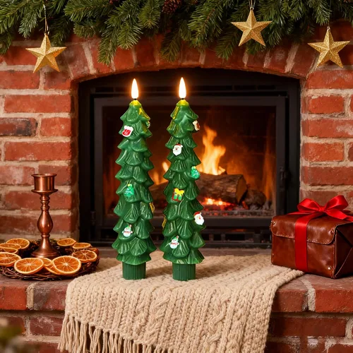 Miniatura 4 de 3 Piezas Velas de Árbol de Navidad Sin Llama con Control Remoto y Temporizador, Funcionan con Baterías con Llama Parpadeante 3D, Velas Cónicas de 7