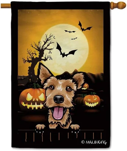Miniatura 19 de Bandera de jardín de calabaza de Feliz Halloween Jack O'Lantern con perro Rhodesian Ridgeback Halloween Bat Boo Bandera decorativa para patio al