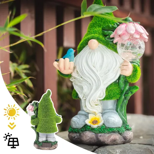 Miniatura 3 de Estatua de gnomo de jardín, divertida decoración de gnomo con luces solares de globo de cristal, adorno de gnomos de resina para patio, césped, Luz