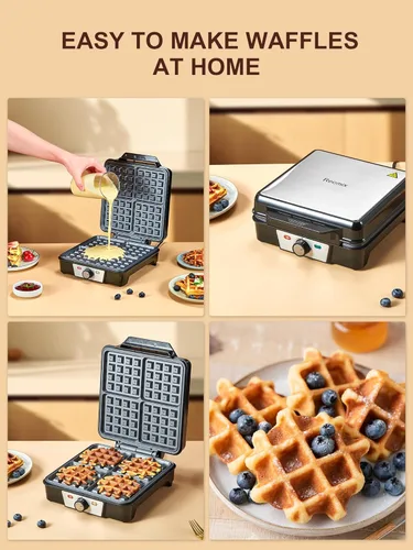Miniatura 3 de Máquina de gofres belga de 4 rebanadas, plancha para gofres de 1200W, plancha antidesbordamiento con perilla de tostado, placas antiadherentes