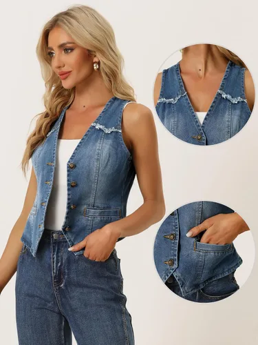 Miniatura 2 de Allegra K Chaleco de mezclilla para mujer, sin mangas, con cuello en V, lavado y desgastado