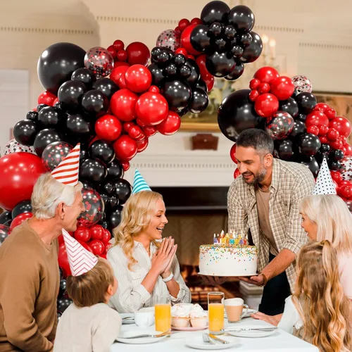 Miniatura 6 de Kit de guirnalda de arco de globos rojos y negros con globos de confeti negro y rojo para graduación, aniversario, San Valentín, Año Nuevo