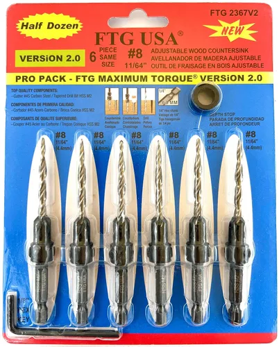 Miniatura 28 de FTG USA Juego de 12 brocas avellanadoras #4 (7/64") para madera con broca cónica